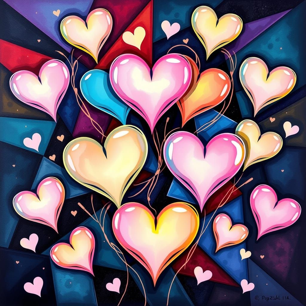 Neon Cubist Hearts in Art Deco Style