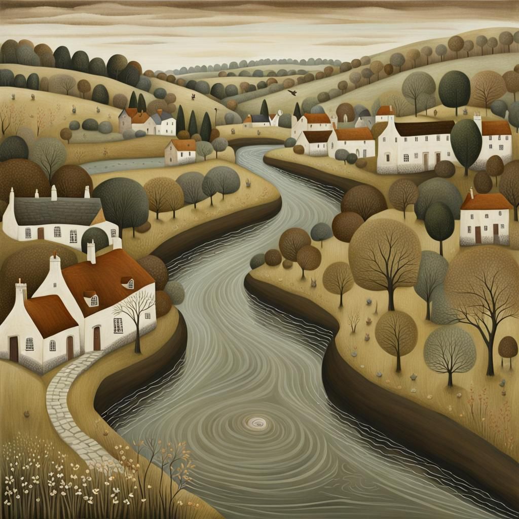 Ancient River Landscape in Muted Earth Tones