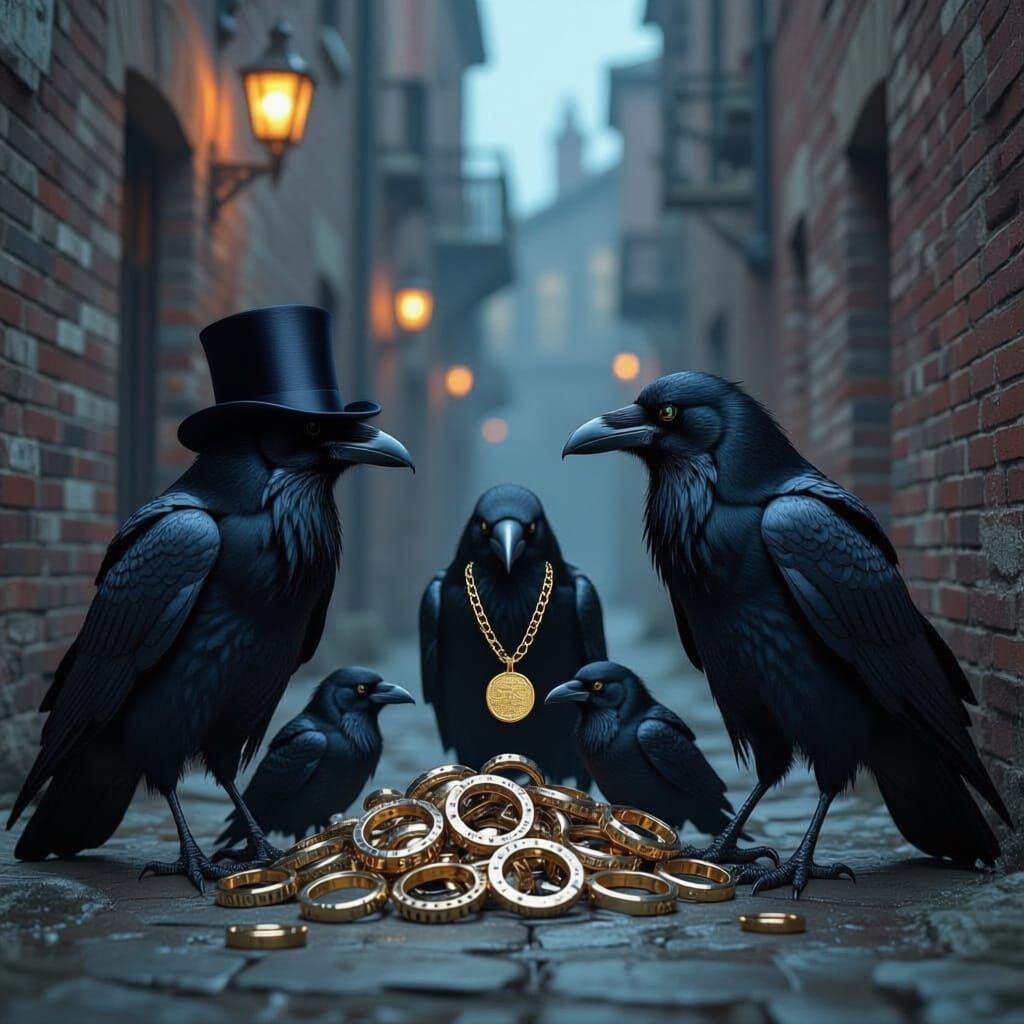 Ravens Guarding Shiny Rings in Dark Alley