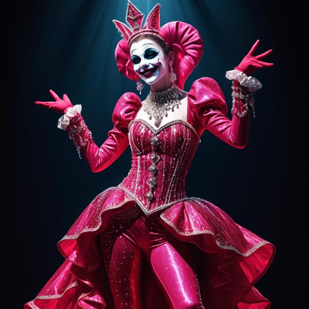 Monochrome Pink and Red Jester on Stage