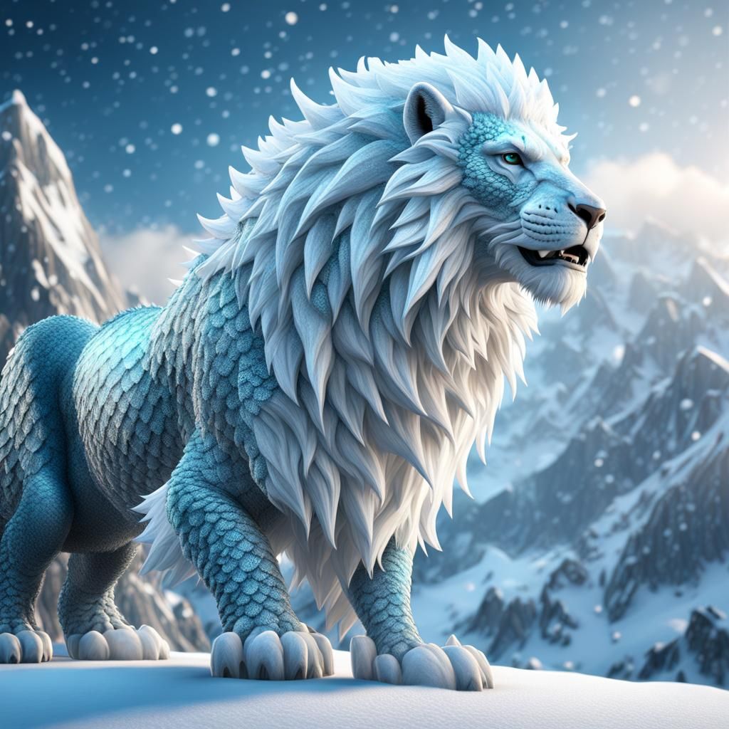 Icy Lion-Dragon Hybrid on Snowy Mountain
