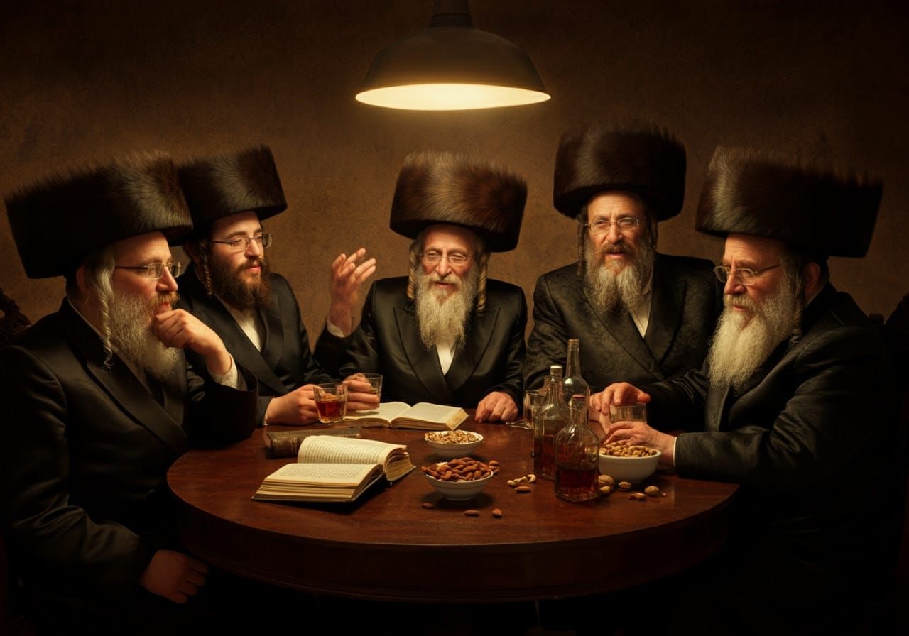 Men Gather in Warm, Inviting Jewish Gathering Scene