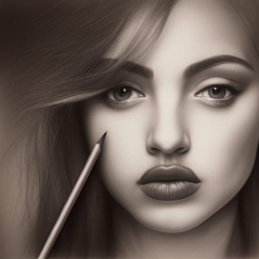 Detailed Pencil Drawing of a Woman with Long Hair