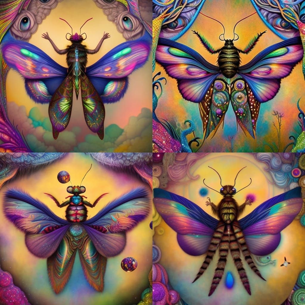 Psychedelic Moth with Gemstones and Yarn Wings