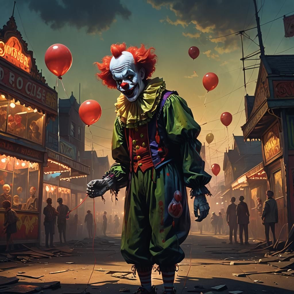 Creepy Clown in Abandoned Carnival, Sinister Concept Art