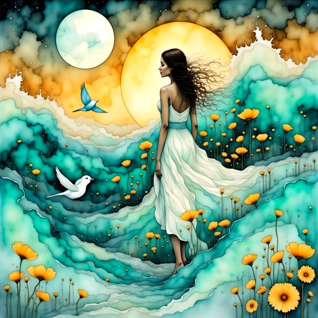 Surreal Turquoise Sunset with Flowing Bubbles and Blooming F...