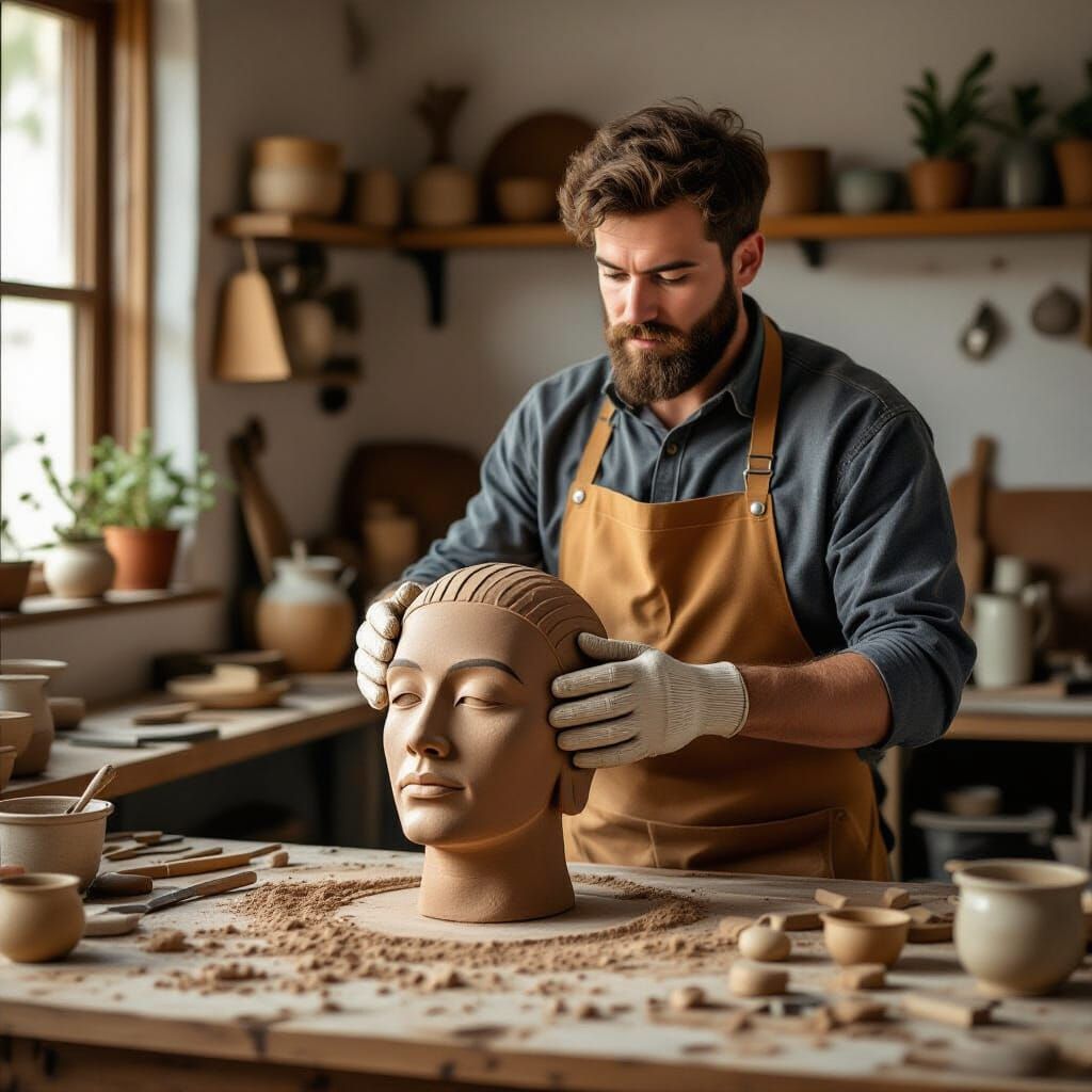 Sculptor Creates Clay Moai Head Replica