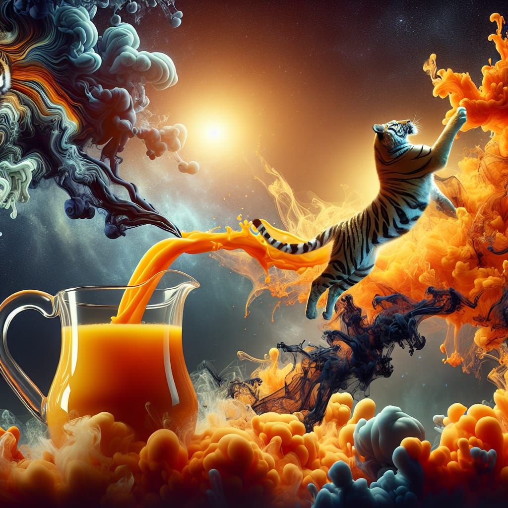 Epic Tiger Emerges from Orange Juice in Cinematic Digital Pa...