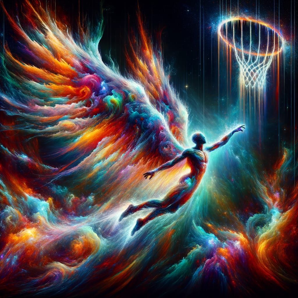 Surreal Fallen Angel Leaping Through Celestial Hoop