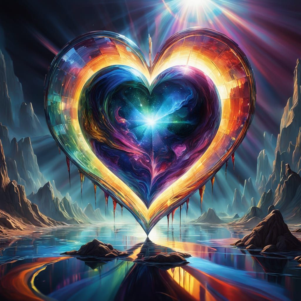 Heart on Prismatic Planet in Surreal Oil Painting