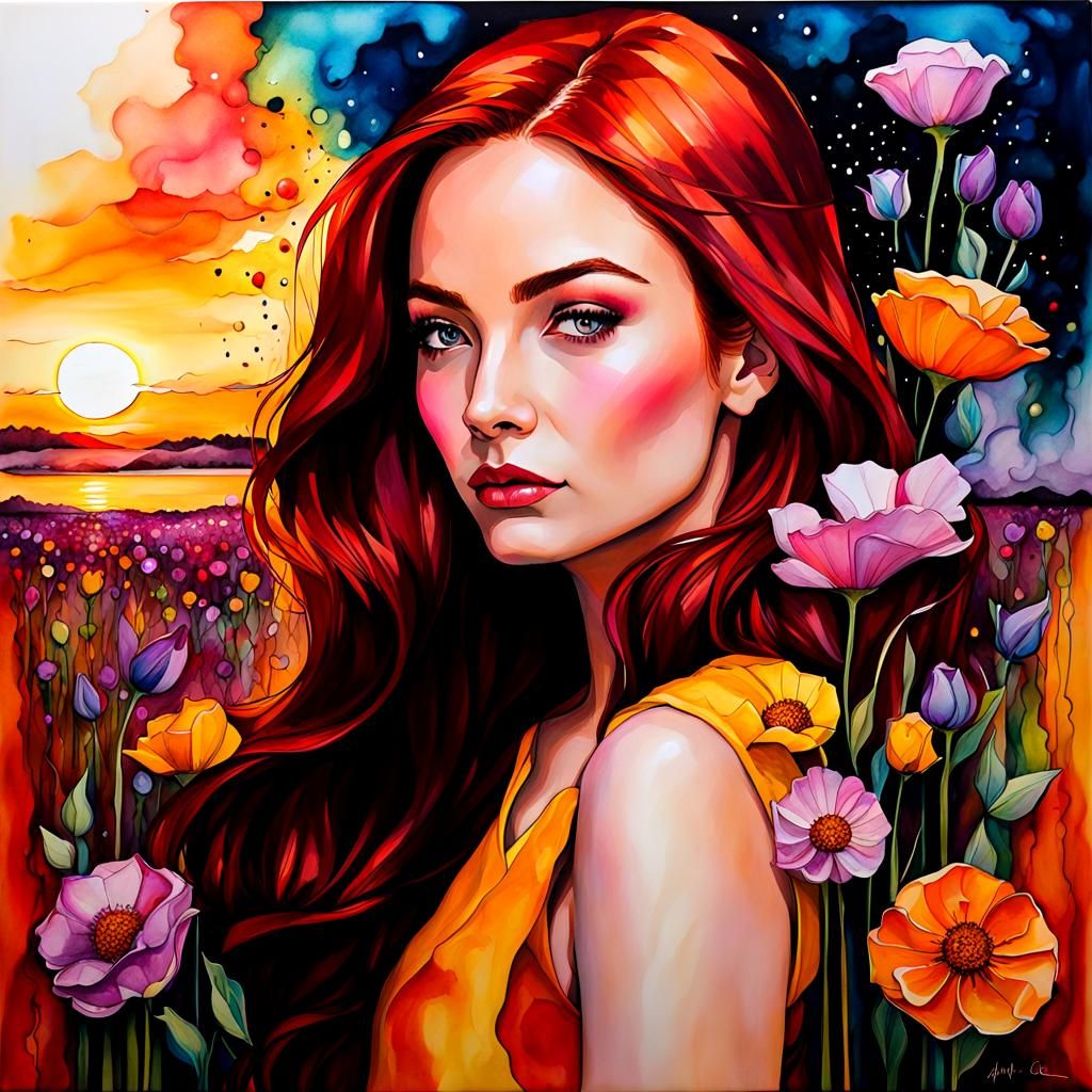 Jean Grey Portrait in Alcohol Ink Style