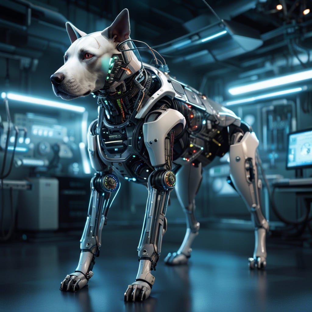 Futuristic Cyberpunk Battle Cyborg Dog in Laboratory