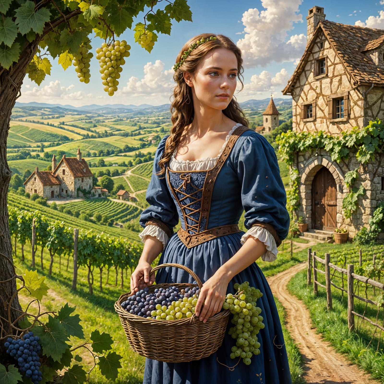 Enchanting Vineyard Scene with Freckled Wench