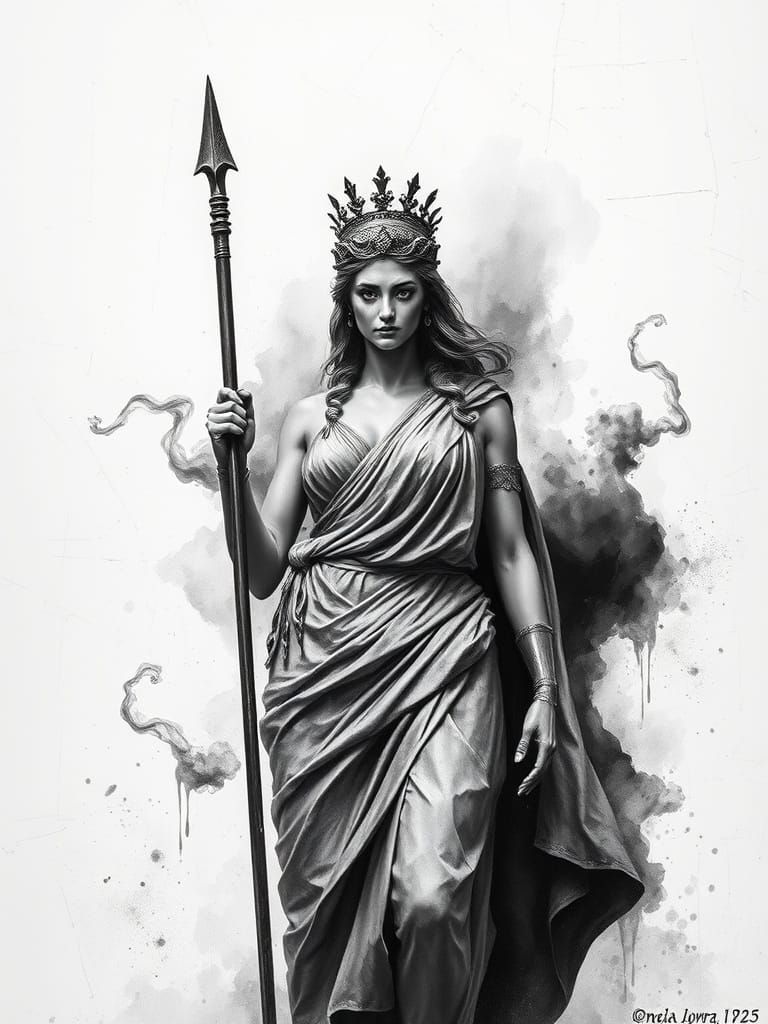 Classical Goddess Atena in Dramatic Black and Gray Realism S...