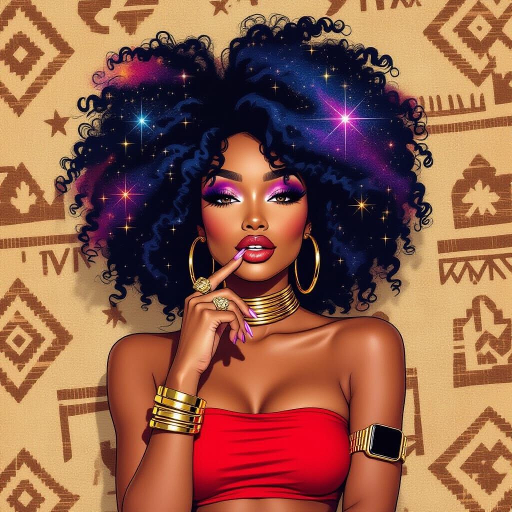 Vibrant Woman with Galaxy Afro Poses in Cartoon Style