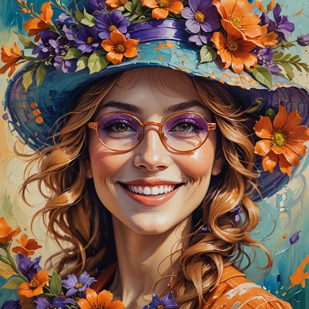 Whimsical Portrait of Smiling Woman in Dreamy Oil Painting S...