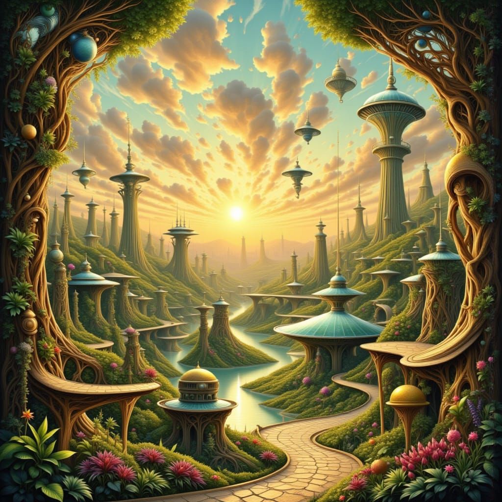 Retro Futuristic Village at Sunrise