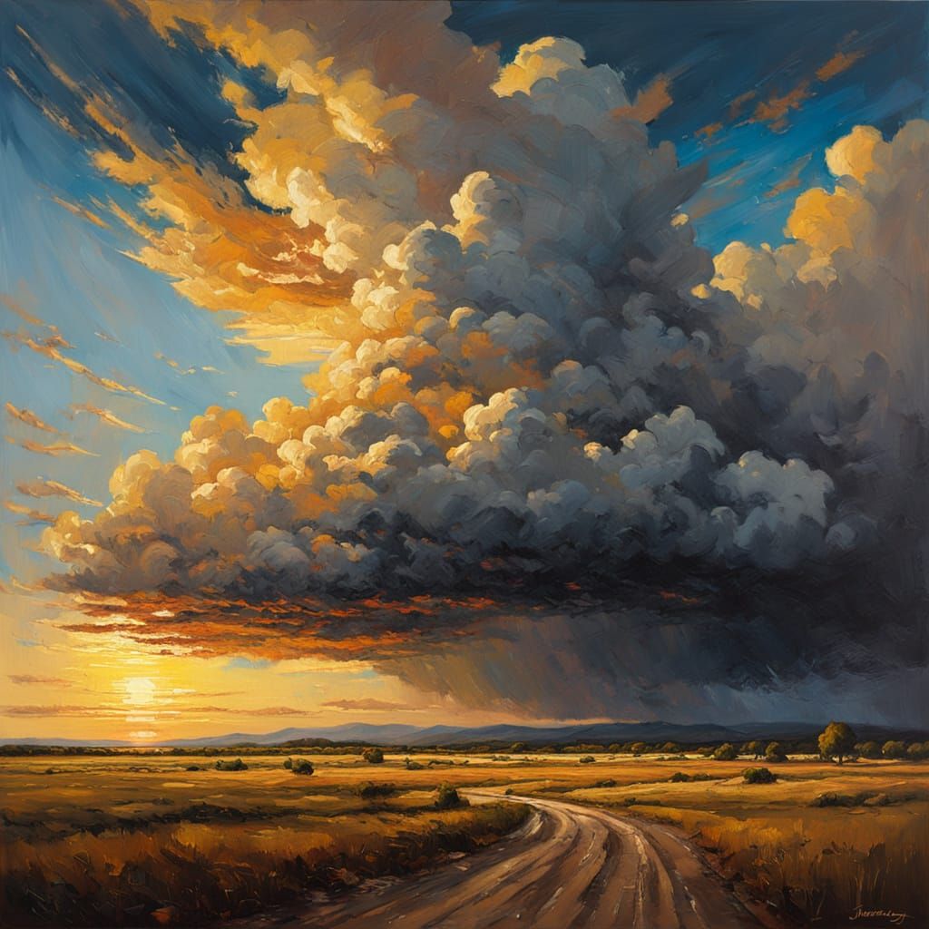 Dramatic Landscape Painting with Golden Horizon