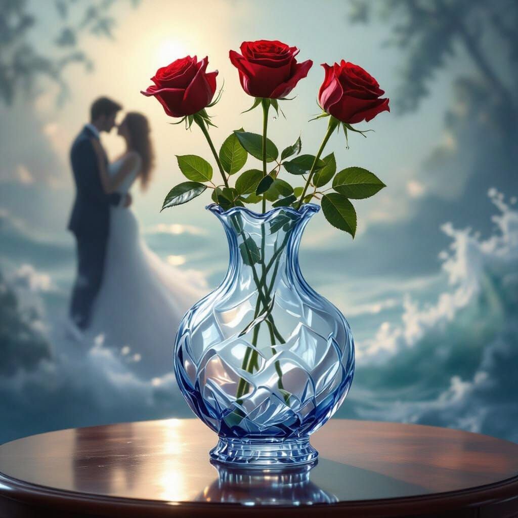 Roses in Crystal Vase, Ethereal Romantic Scene