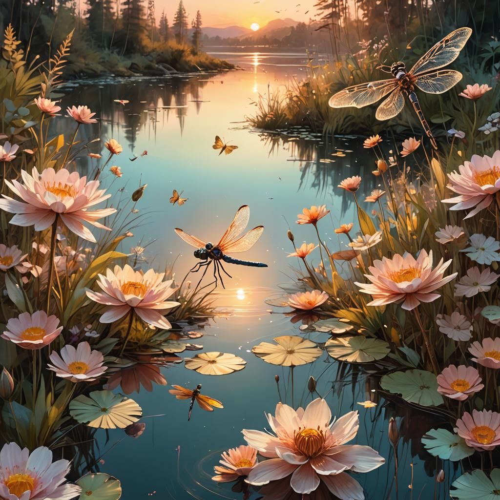 Dreamlike Sunset Landscape with Giant Flowers