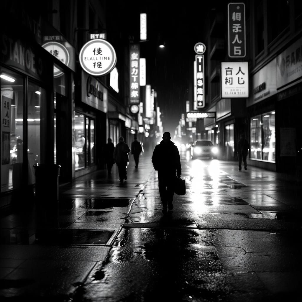 Gritty Noir: Rain-Slicked Street at Night