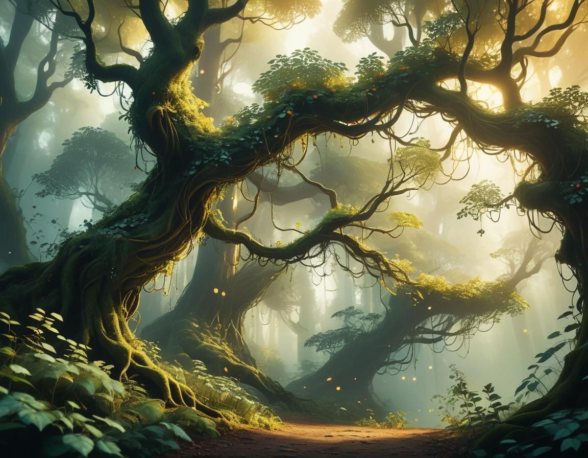 Enchanted Forest: Ethereal Oil Painting in Golden Light