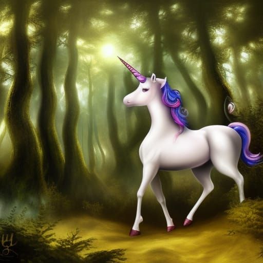 Unicorn in Forest: Digital Airbrush Fantasy Painting