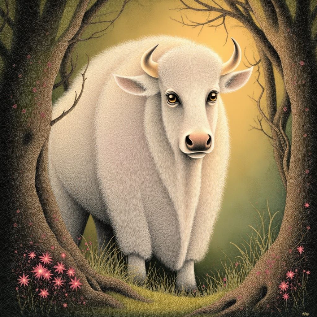 Enchanted White Water Buffalo in Zentangle Garden