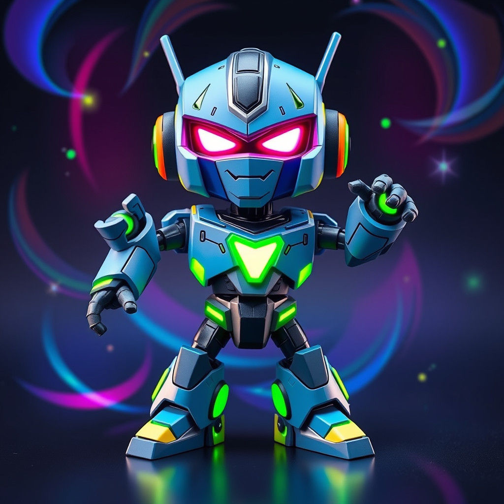 Cartoon Robot Action Figure with Holographic Effects