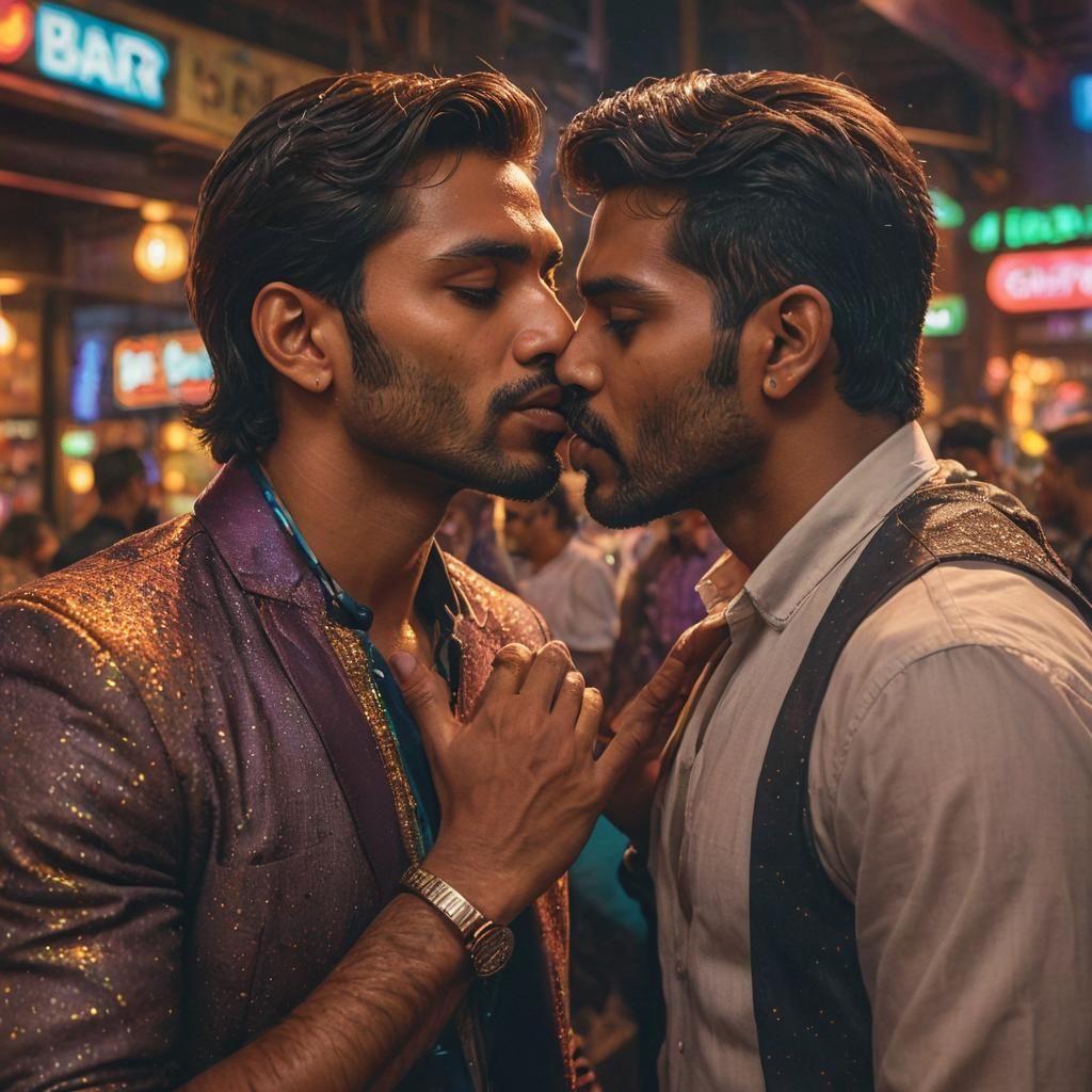 Passionate Kiss in Vibrant Bar, Photorealistic Splash Art