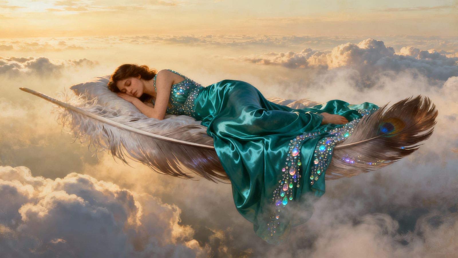 Woman Wakes on Giant Feather in Dreamlike Sky