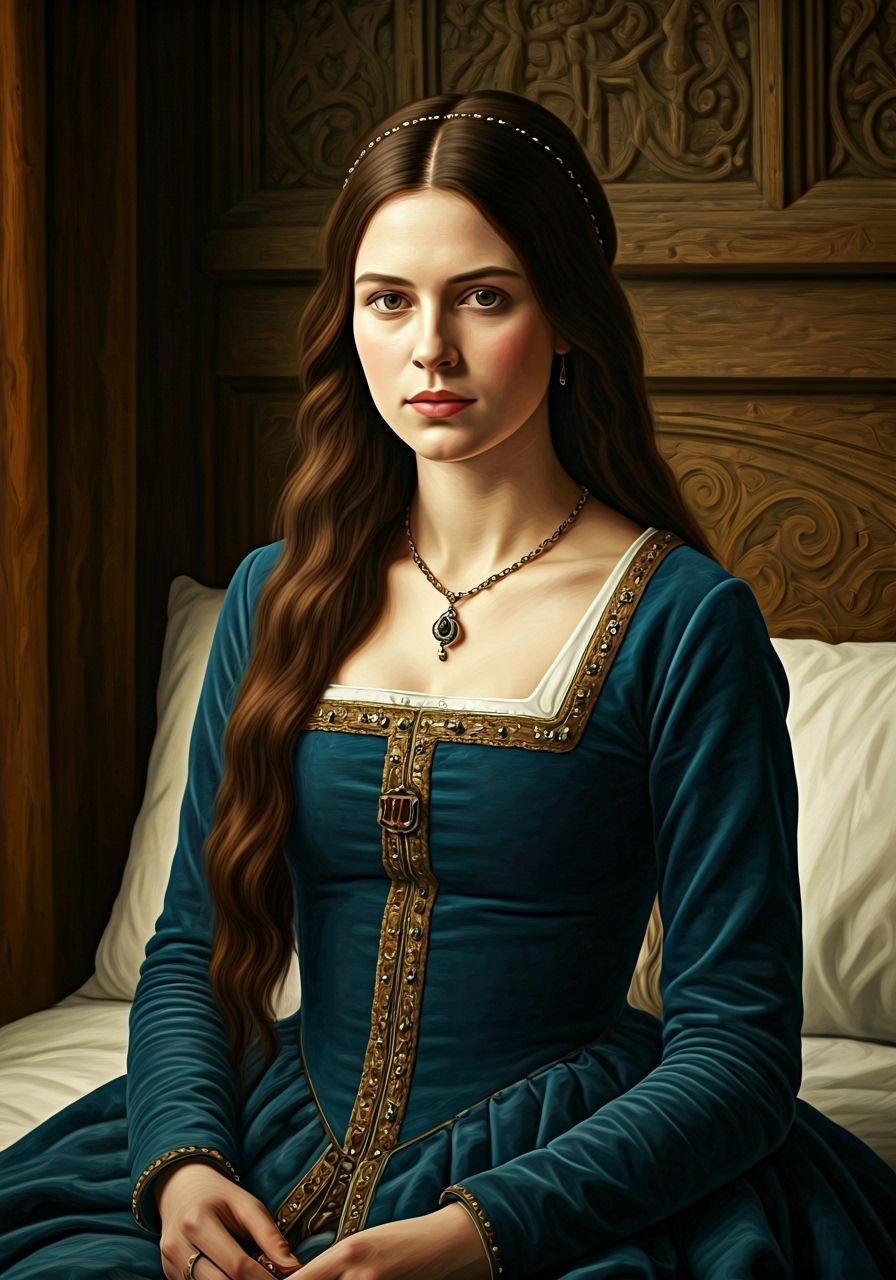 Medieval Noblewoman in Blue Velvet Gown on Palace Bed