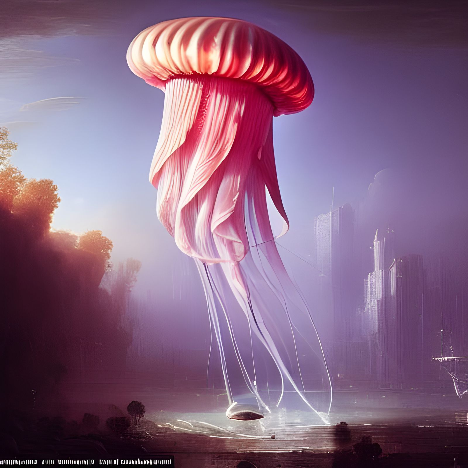 Bioluminescent Jellyfish Cityscape in a Fantastical Style