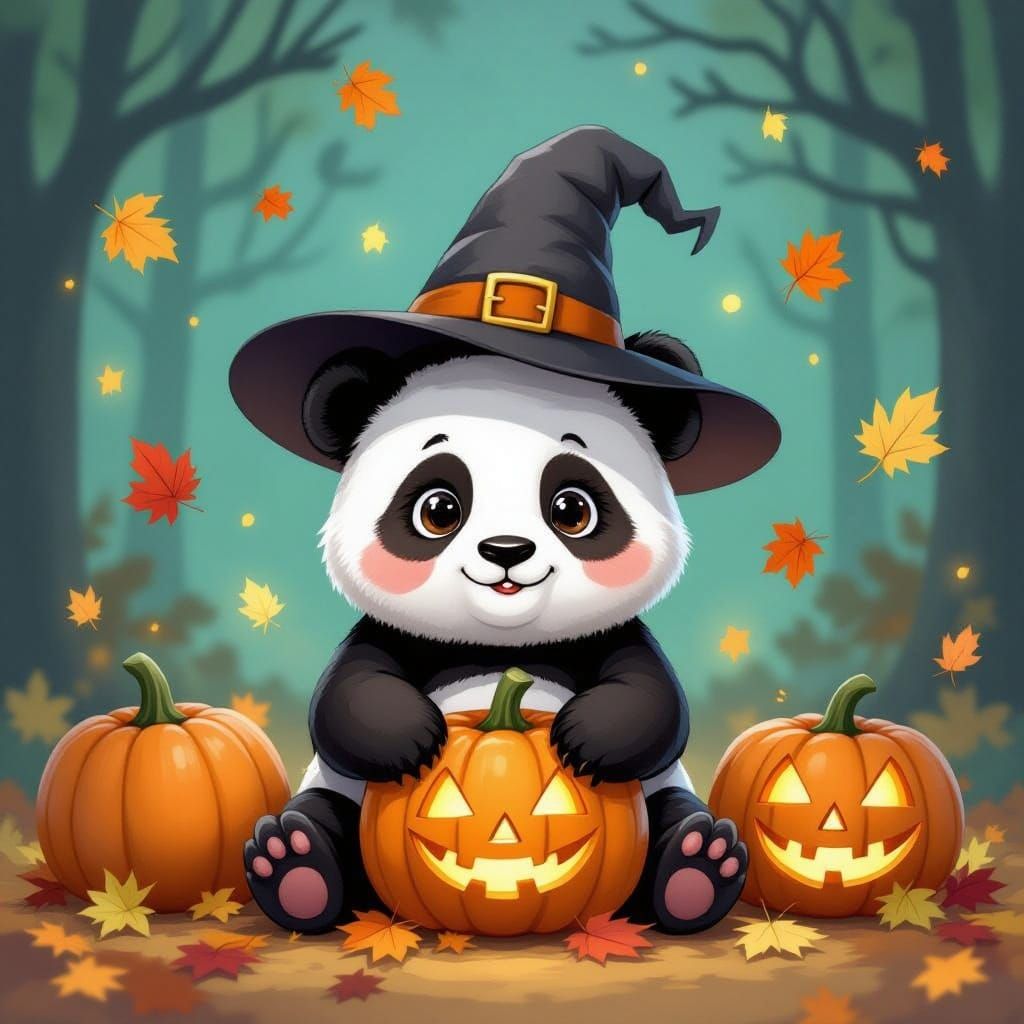 Playful Panda in Witch Hat for Halloween Fun