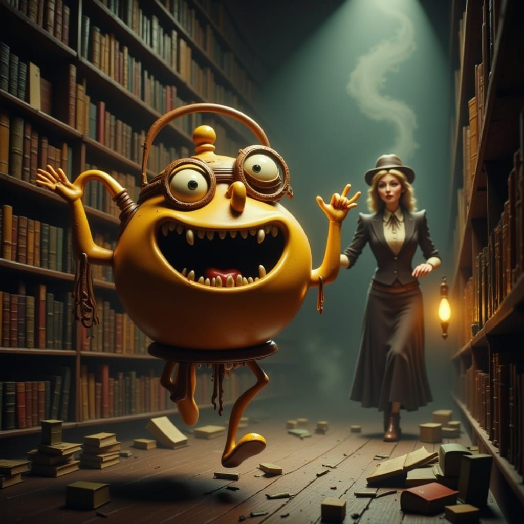 Surreal Cartoon Teapot Escapes Mad Librarian in Whimsical Li...