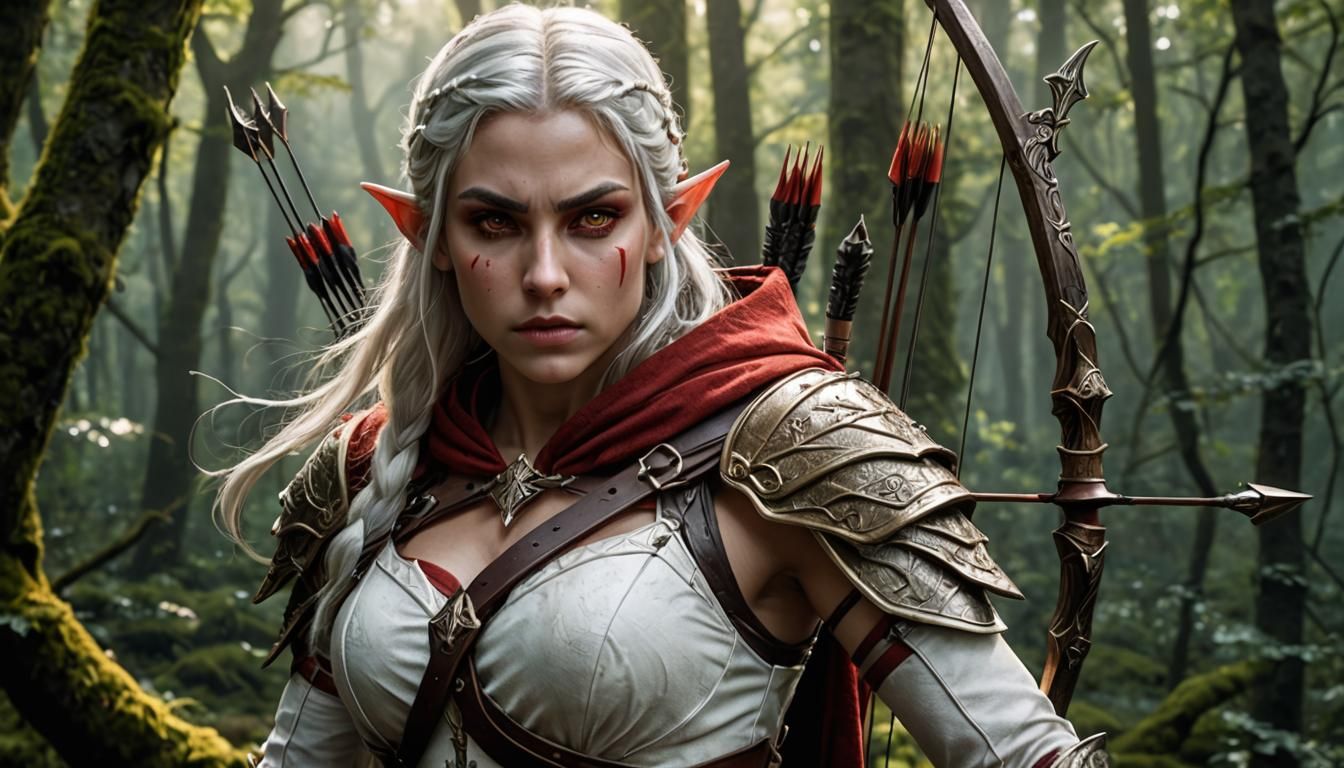 Elf Warrior in Forest with Bow and Arrow