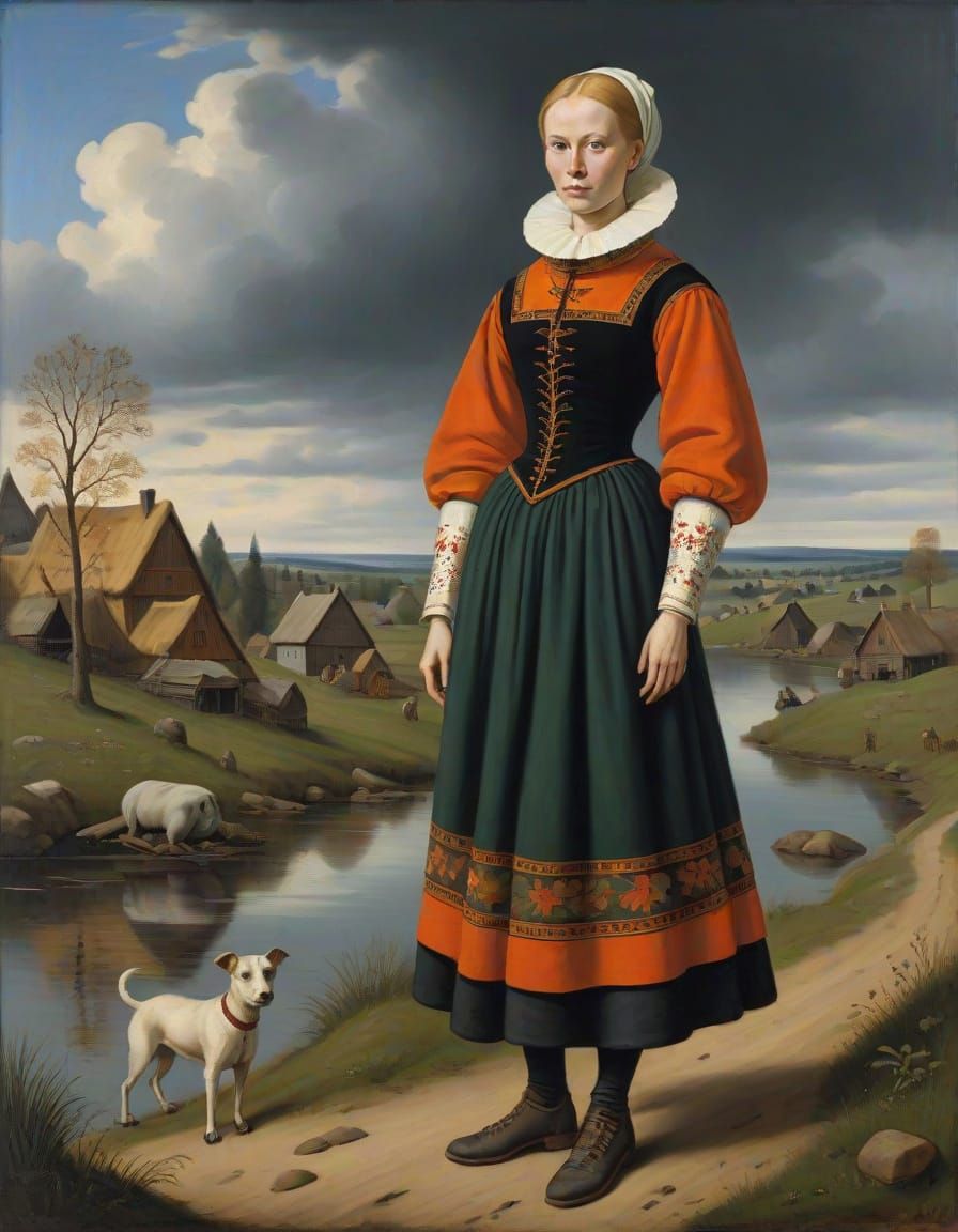 Nordic Woman in 1600 AD Folk Art Painting
