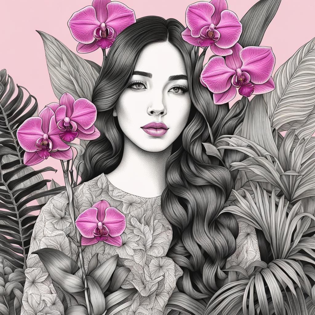 Girl with Pink Orchid: Detailed Ink Botanical Art