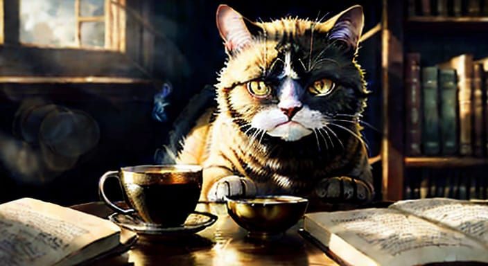 Grumpy Cat Sipping Tea in Sunlit Library