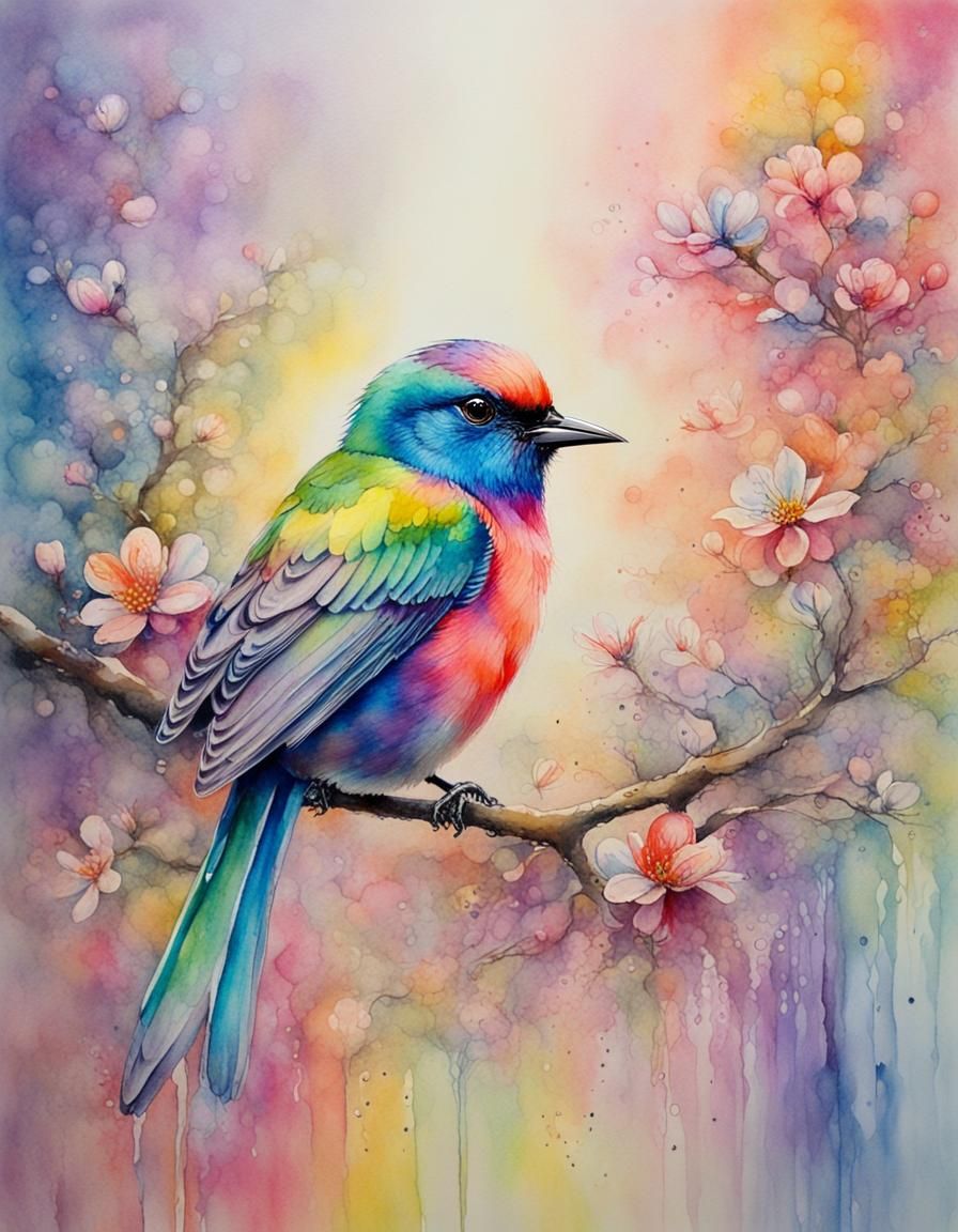 Rainbow Blossom Bird Portrait in Watercolor Style