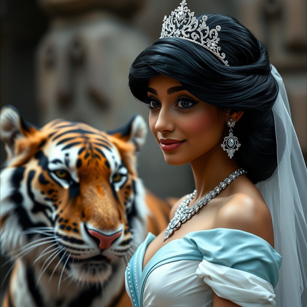 Jasmine in Wedding Dress with Tiger