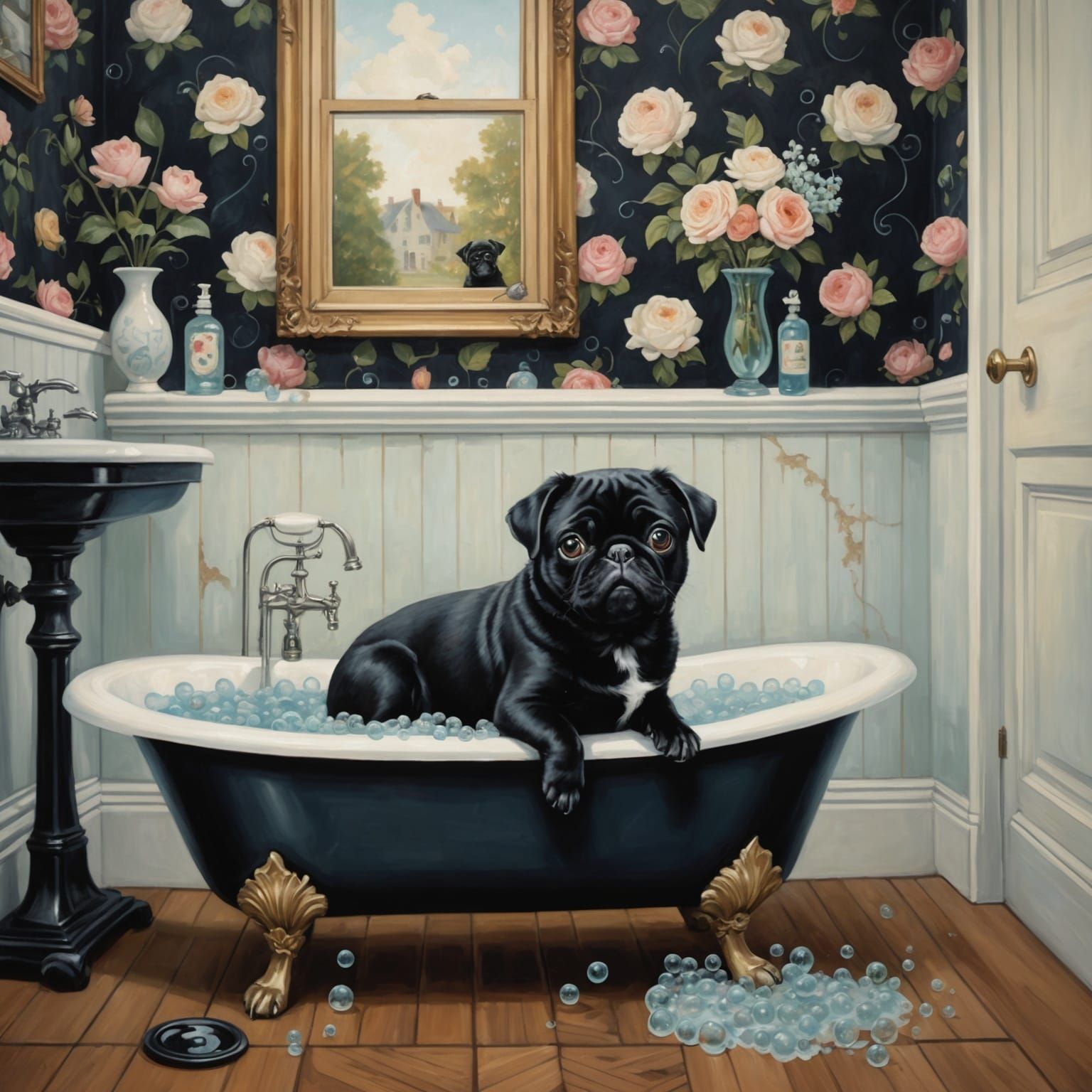 Vintage Oil Painting: Ghost and Pug in Tub