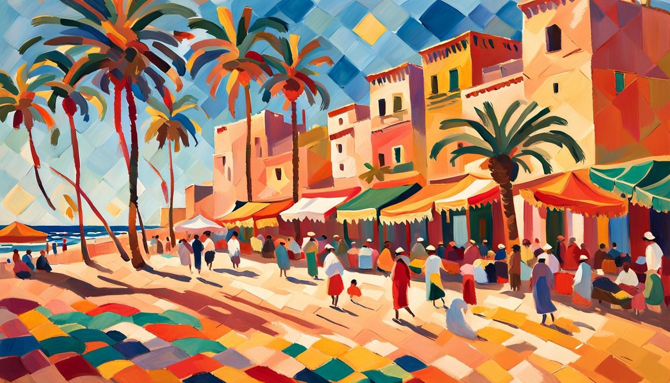 Moroccan Beach Scene in Impressionist Style