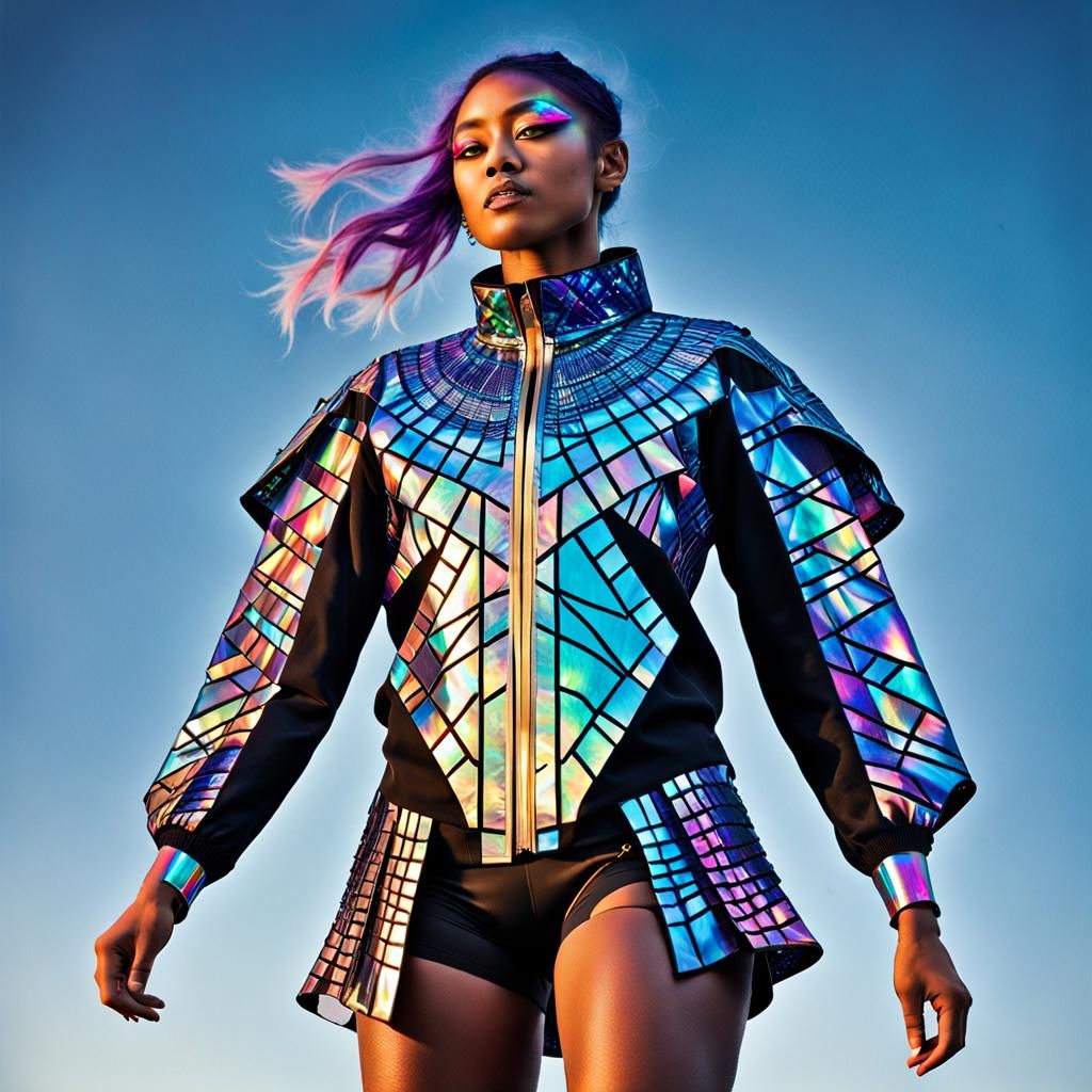 Raypunk Woman in Radiant Cityscape