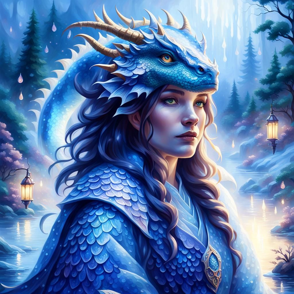 Sapphire Dragonborn in Ethereal, Misty Landscape