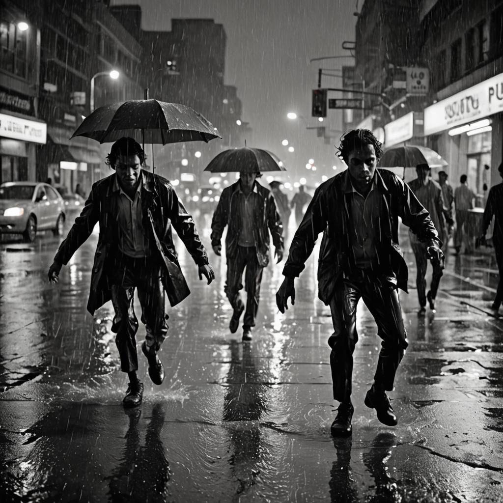 Monochrome Dance in Rain, Hyperrealistic Photography