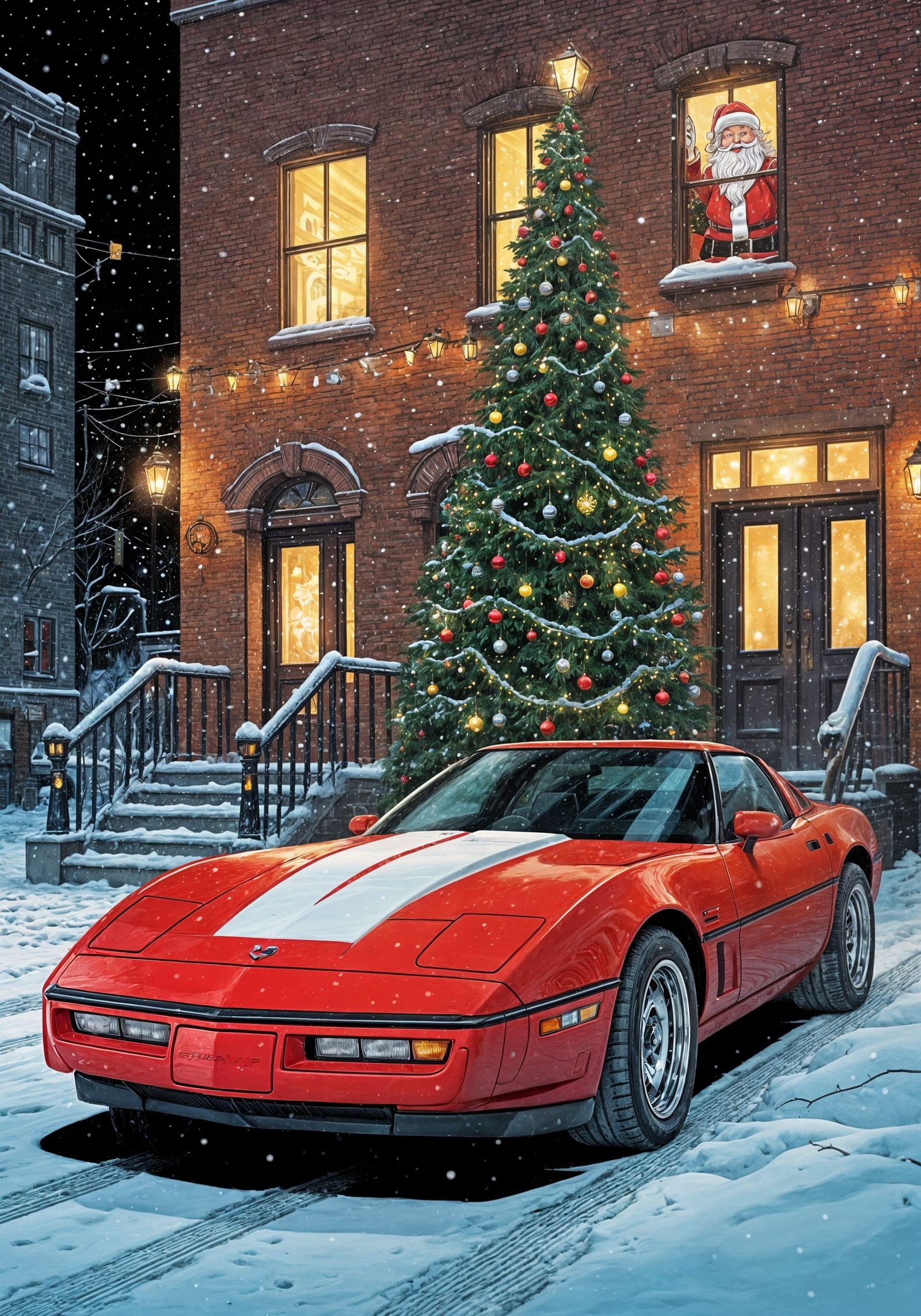 Winter Wonderland Corvette in Comic Book Style