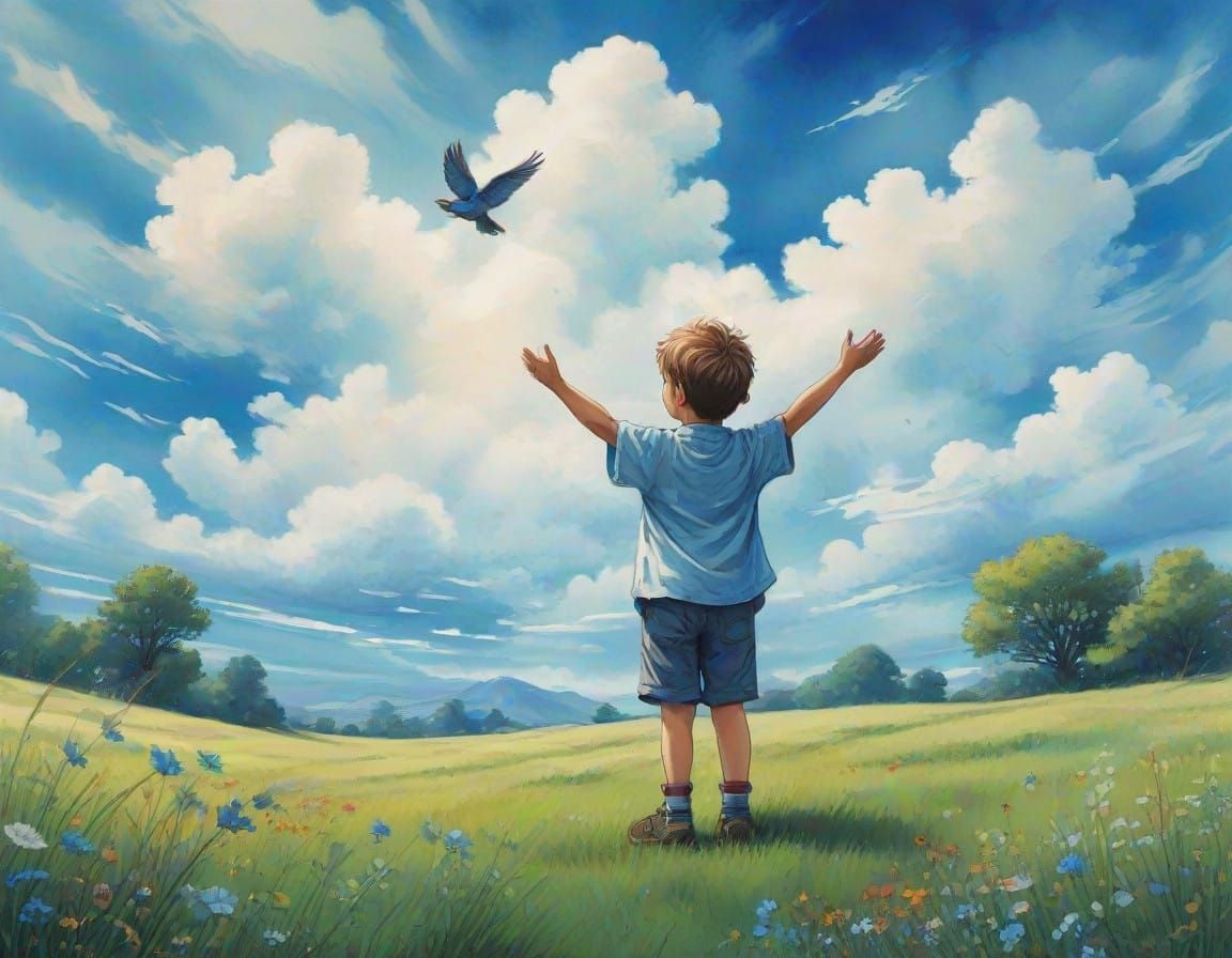 A Chubby Boy Soars with a Happy Bird in a Vibrant Vintage-In...