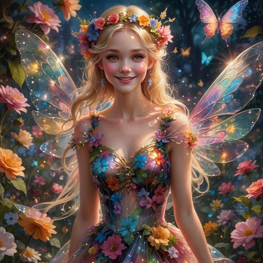 Smiling Blond Fairy in Night Garden: Ethereal Fantasy