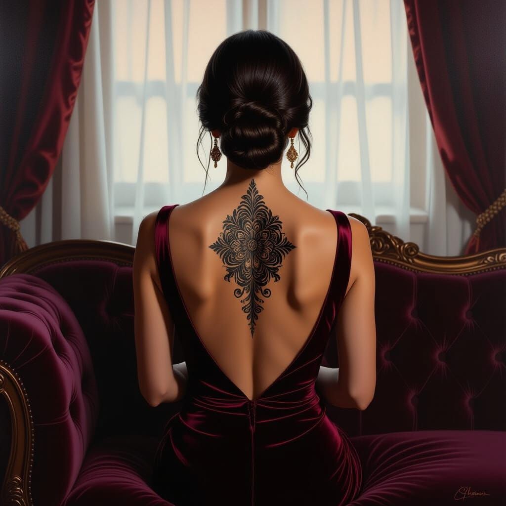 Woman with Intricate Tattoo on Back in Opulent Boudoir
